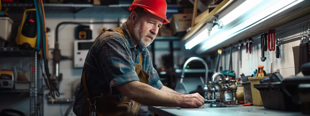 a professional plumber confidently examines a modern, well-organized plumbing workspace filled with tools and equipment, illuminated by bright overhead lights, showcasing the efficiency and reliability of plumbing solutions in an urban setting.