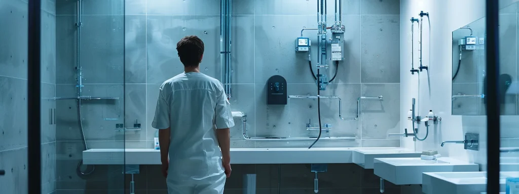 a professional plumber in a modern, well-equipped bathroom, expertly inspecting a complex array of pipes and valves, showcases the importance of reliable plumbing services in a sleek urban home setting.