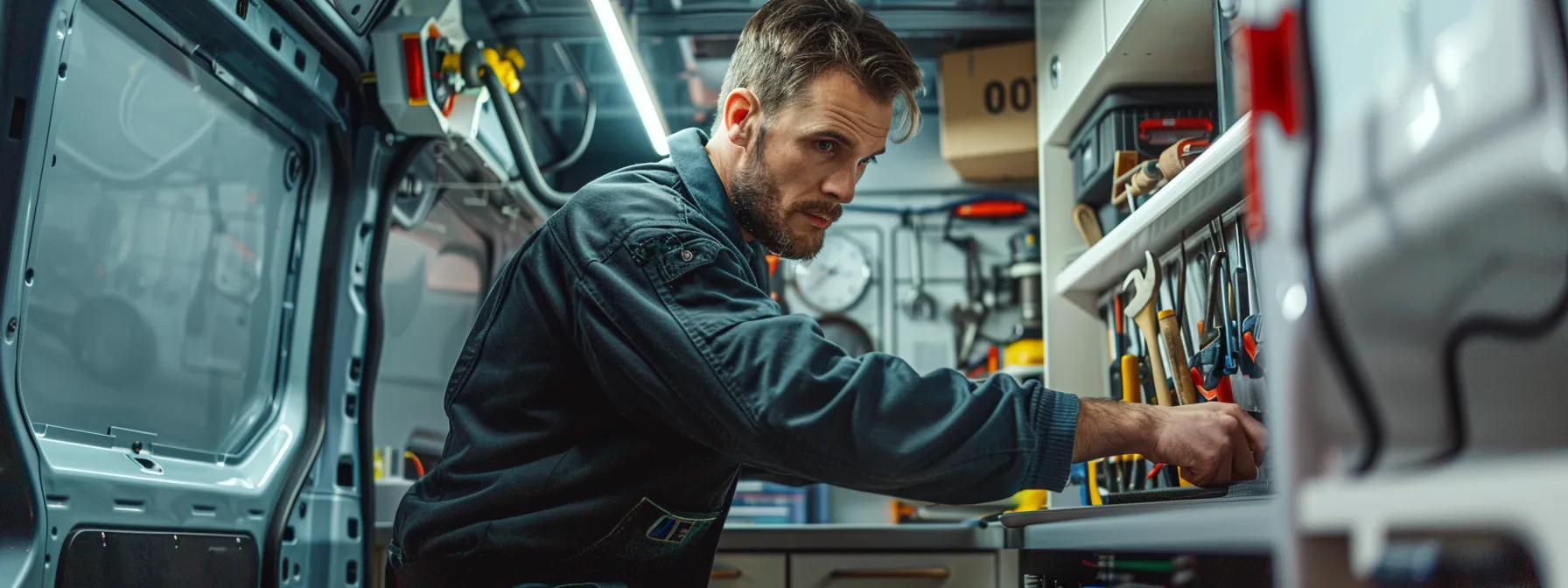 a reliable plumber in a modern, neatly organized service van, expertly handling tools, with a visible clock showing 60 minutes to emphasize prompt service, set against an urban backdrop of rawmarsh, rotherham.