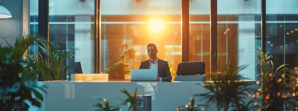 a sleek, modern office reception area featuring a friendly customer service representative at a desk, ready to assist clients with plumbing inquiries, illuminated by bright, professional lighting and adorned with plumbing-themed decor.