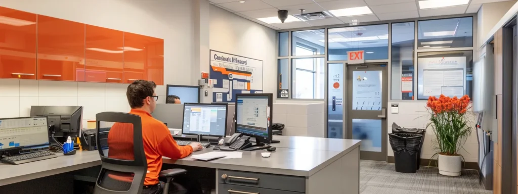 a sleek, modern plumbing service dispatch office features a focused technician reviewing a digital dashboard with live emergency calls, embodying a commitment to swift, customer-centric service in a bustling urban environment.