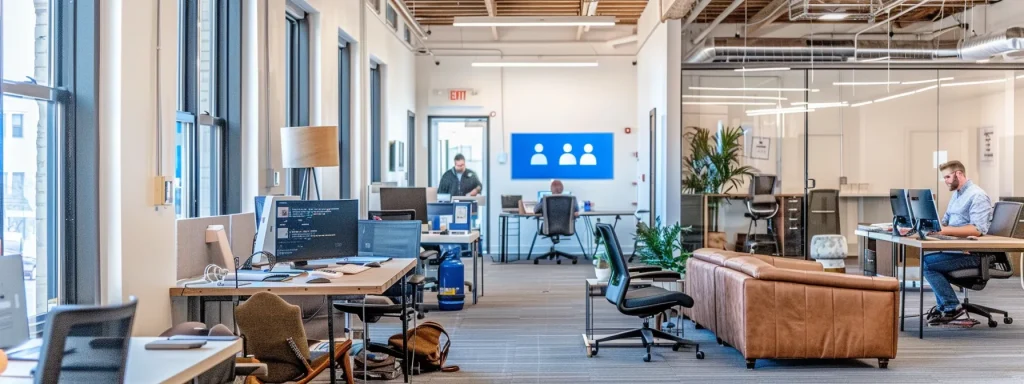 an inviting modern office space features a large display of glowing five-star customer reviews, showcasing satisfied clients' testimonials on a sleek digital screen, emphasizing the trusted plumbing service's reliability and quality.